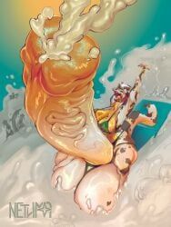 animal_print, anthro, balls, beach, big_balls