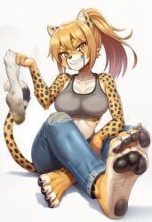 1girls, anthro, barefoot, blonde_hair, cheetah