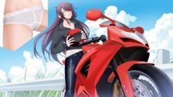 beidou_(genshin_impact), genshin_impact, 1girls, bike, blue_sky