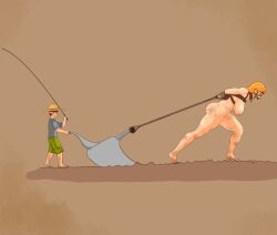 liem, arms_behind_back, barefoot, bit_gag, blonde_hair