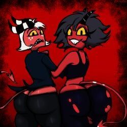 millie_(helluva_boss), moxxie_(helluva_boss), helluva_boss, kruabo, ass_cleavage