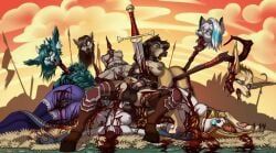 conquistabear, 1futa, 5girls, after_battle, anthro