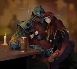 bounty_hunter_(darkest_dungeon), jester_(darkest_dungeon), darkest_dungeon, mefff, 2boys