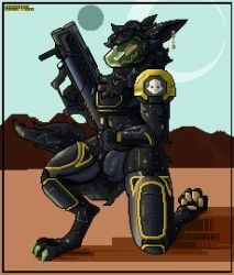 protogen, helldivers, anthro, black_body, bulge