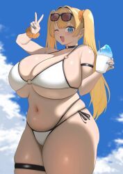 imuzi, :d, bikini, black_trim, blonde_hair