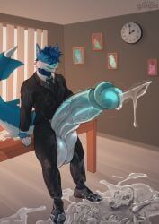 gimpis, anthro, balls, blue_penis, bodily_fluids