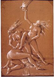 hans_baldung_grien, 3girls, breasts, female, multiple_females