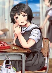 roku-jou, 2girls, black_hair, black_skirt, blurry