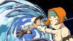 goal_(deponia), deponia, 1girl, 2boys, blush_stickers