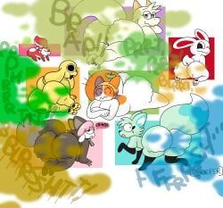 cheezborger_(chikn_nuggit), chikn_nuggit_(chikn_nuggit), cofi_(chikn_nuggit), fwench_fwy_(chikn_nuggit), hawt_saus_(chikn_nuggit)