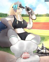 yimoon640, anthro, asymmetrical_footwear, barefoot, blonde_hair