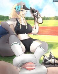 yimoon640, anthro, asymmetrical_footwear, barefoot, blonde_hair