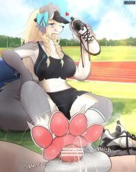 yimoon640, anthro, asymmetrical_footwear, barefoot, blonde_hair