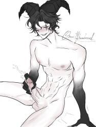harlequin_(the_freak_circus), the_freak_circus, black_hair, black_horns, bulging_penis