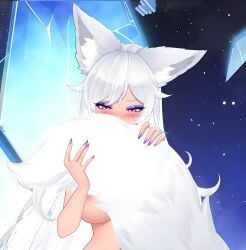 indie_virtual_youtuber, big_breasts, blush, hiding_breasts, hiding_face