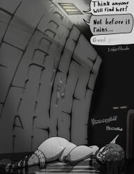abandoned_building, ball_and_chain, big_breasts, black_and_white, blindfold