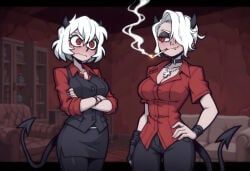 malina_(helltaker), zdrada_(helltaker), helltaker, 2girls, cleavage