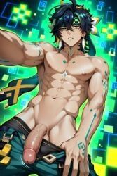 kinich_(genshin_impact), genshin_impact, belmarkai, 1boy, abs
