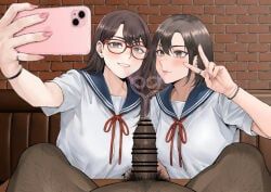 original, no10_direct, 2girls, bracelet, brick_wall