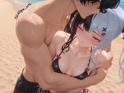 lacrimosa_(neverness_to_everness), neverness_to_everness, bikini, hugging_from_behind, navel