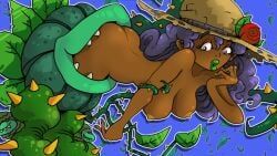 shady_corner_games, abstract_background, boobs, carnivorous_plant, dark-skinned_female