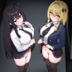 original, kkam-sang, 2girls, :q, ahoge