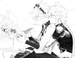aether_(genshin_impact), bennett_(genshin_impact), genshin_impact, 2boys, arms_around_partner