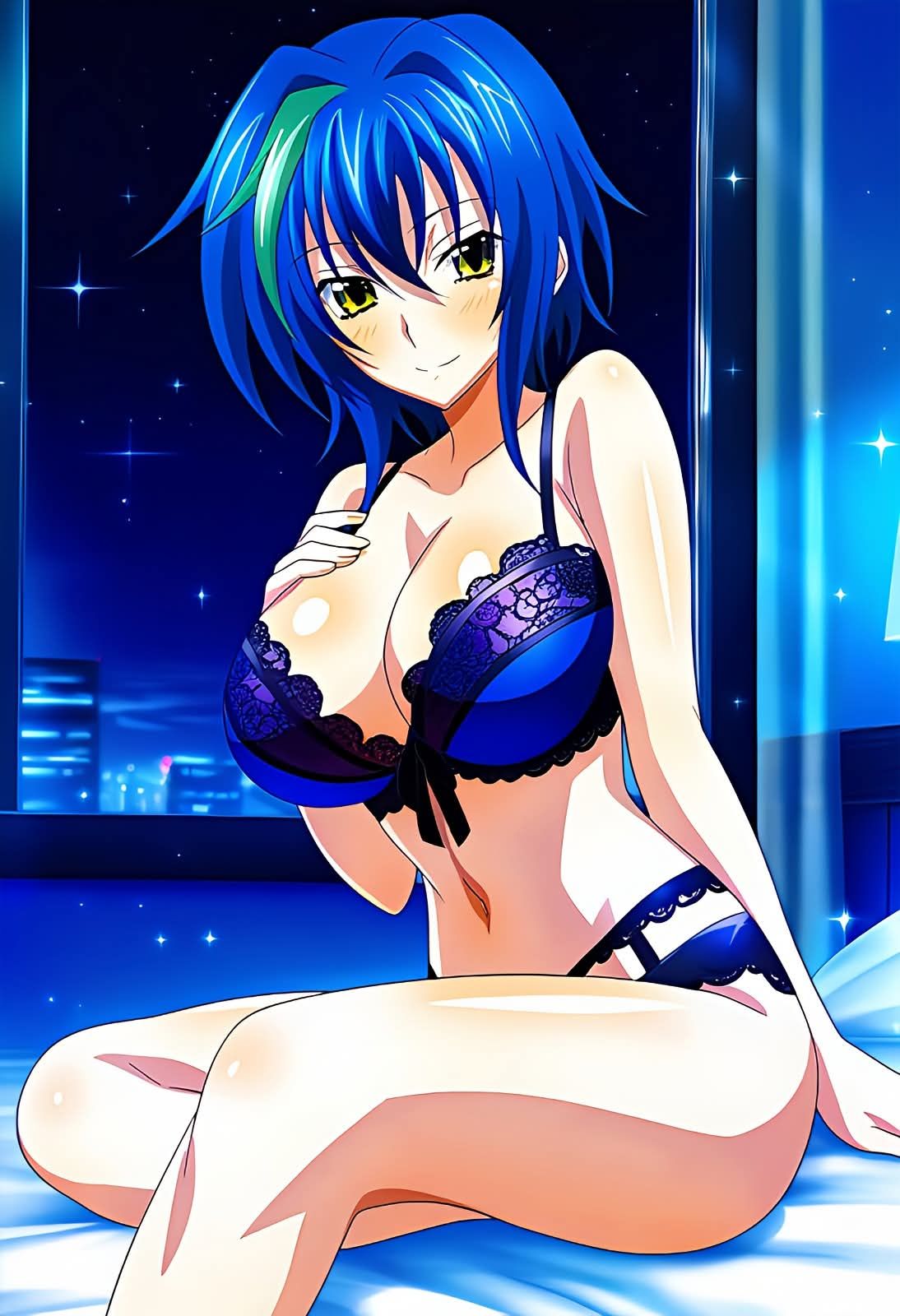 xenovia_quarta, high_school_dxd, bedroom, blue_hair, blue_lingerie
