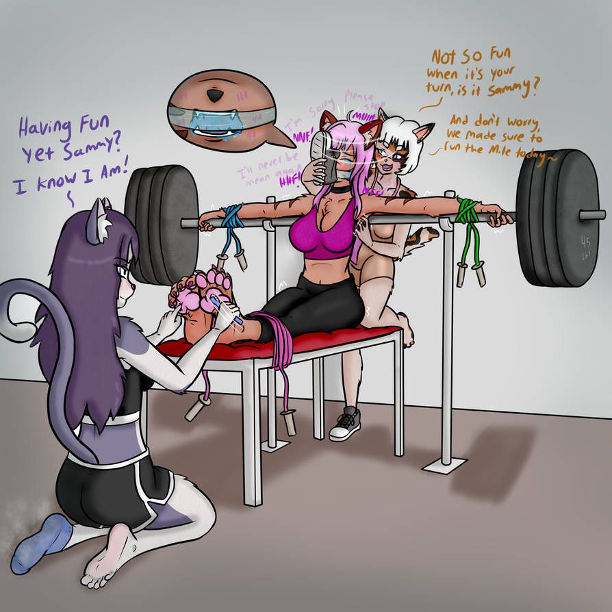 3girls, 4_toes, barbell, bondage, bound_and_gagged