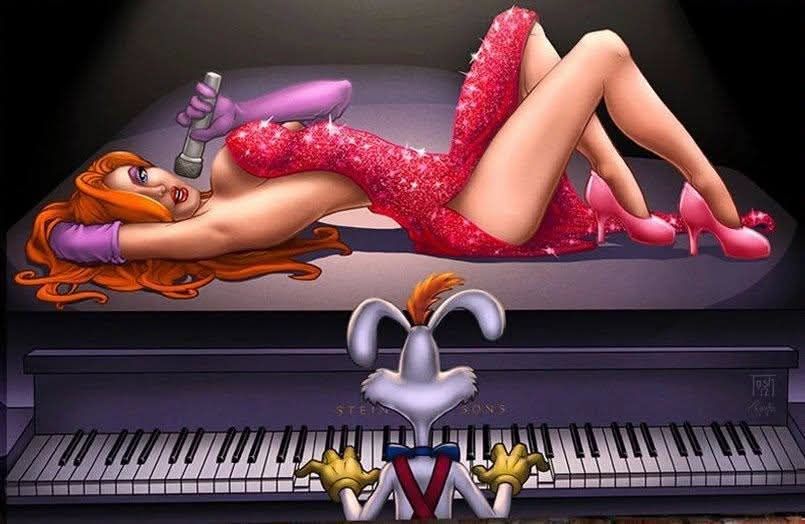 jessica_rabbit, roger_rabbit, who_framed_roger_rabbit, playing_piano, red_dress