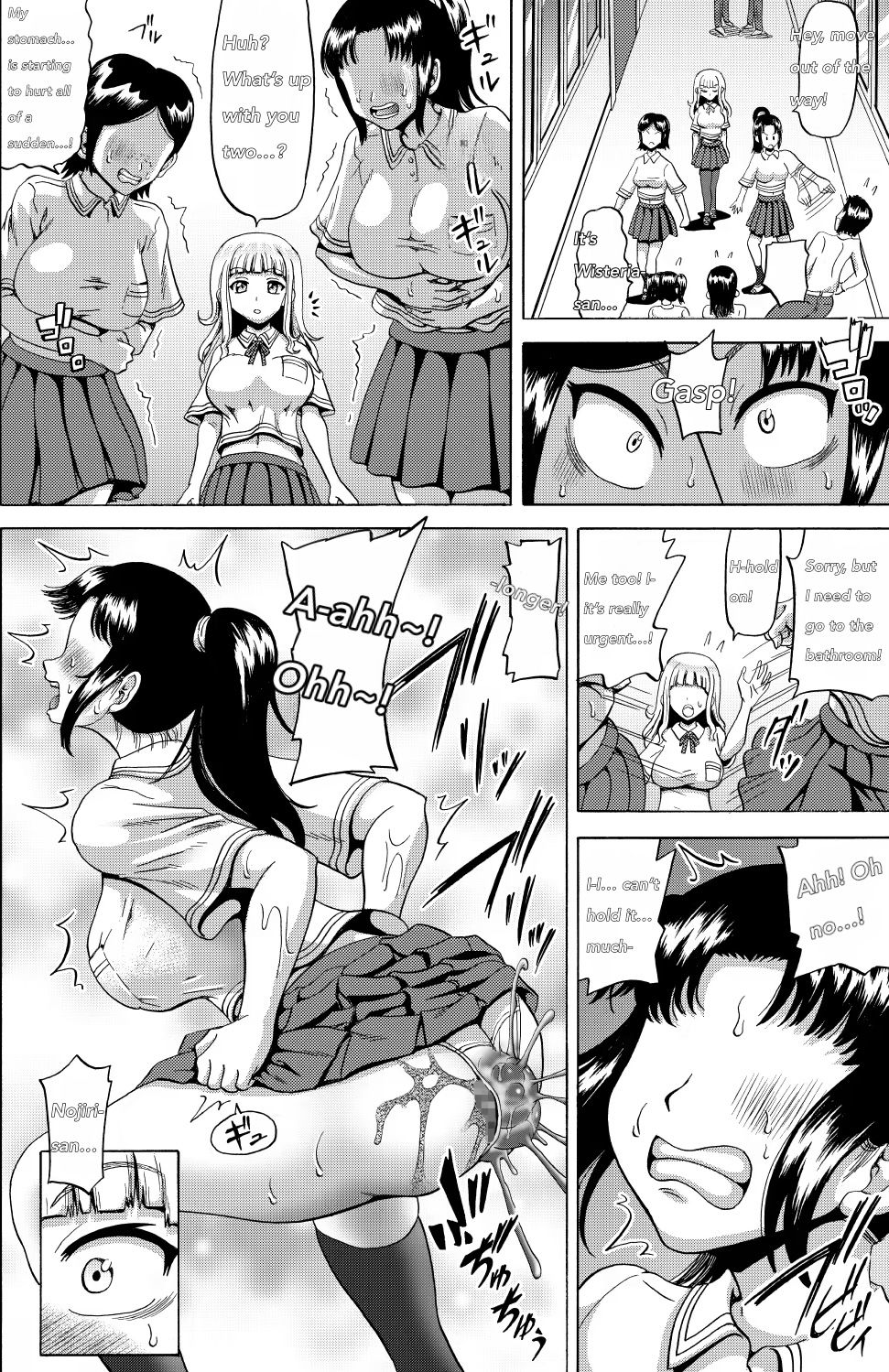 3girls, blushing, blushing_female, clutching_stomach, colorless