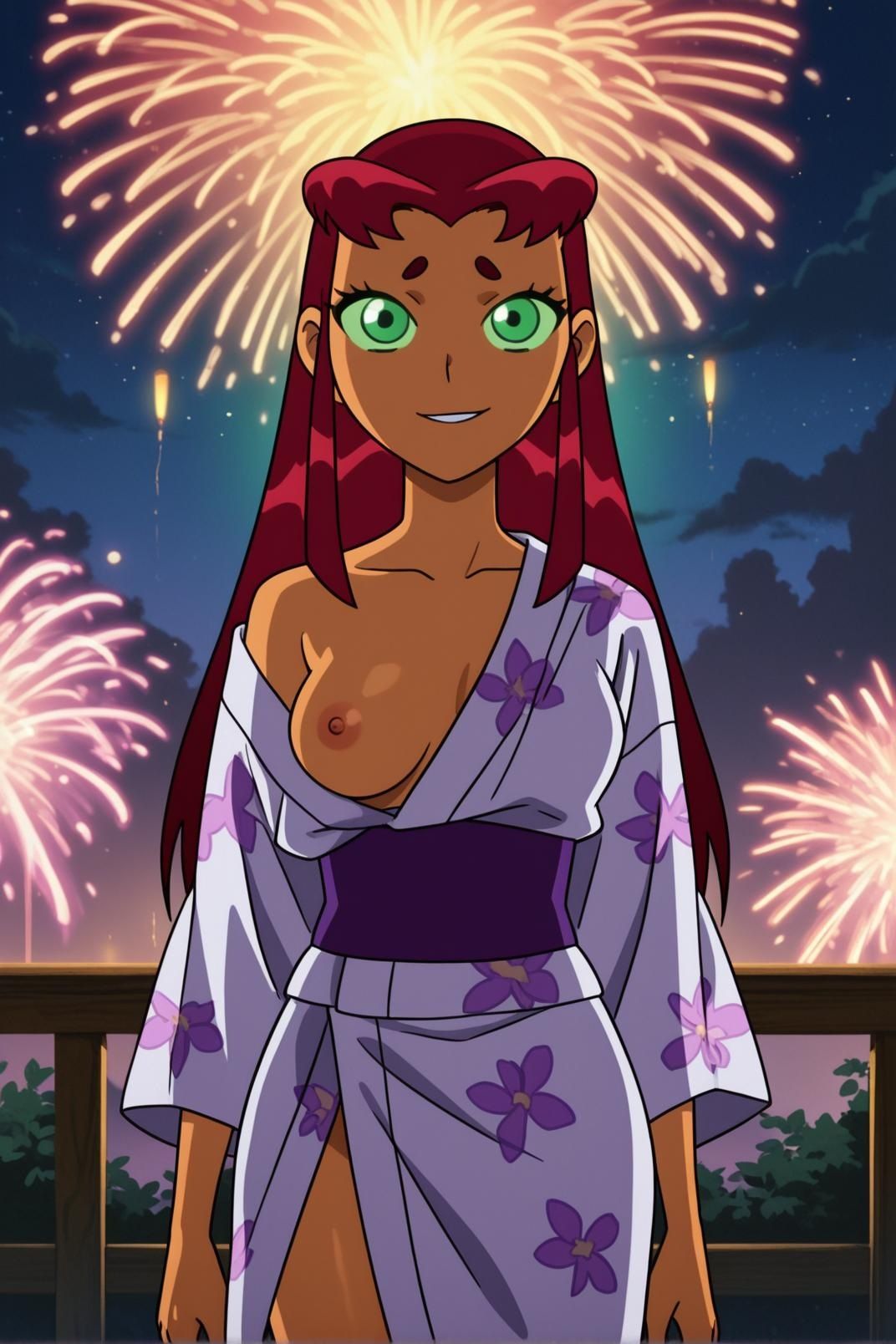 teen_titans, 1girl, aerial_fireworks, breast_slip, breasts