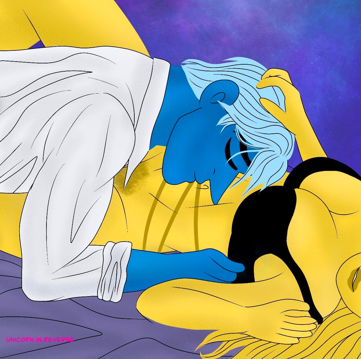 hades_(lore_olympus), hera_(lore_olympus), lore_olympus, black_bra, blue_skin