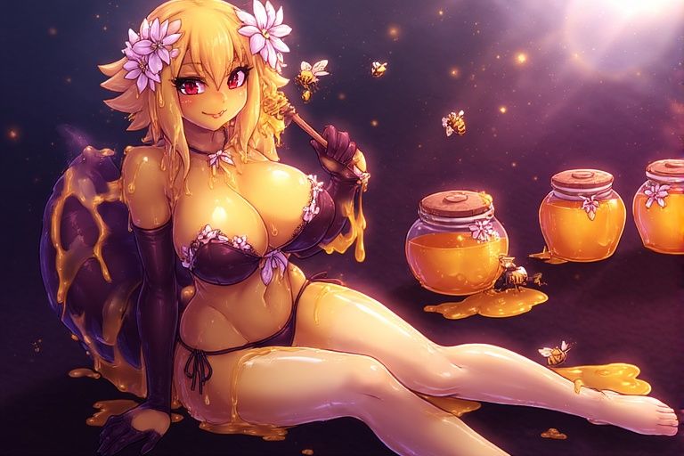 honey_slime, infinite_ai, bee, flower, flower_in_hair