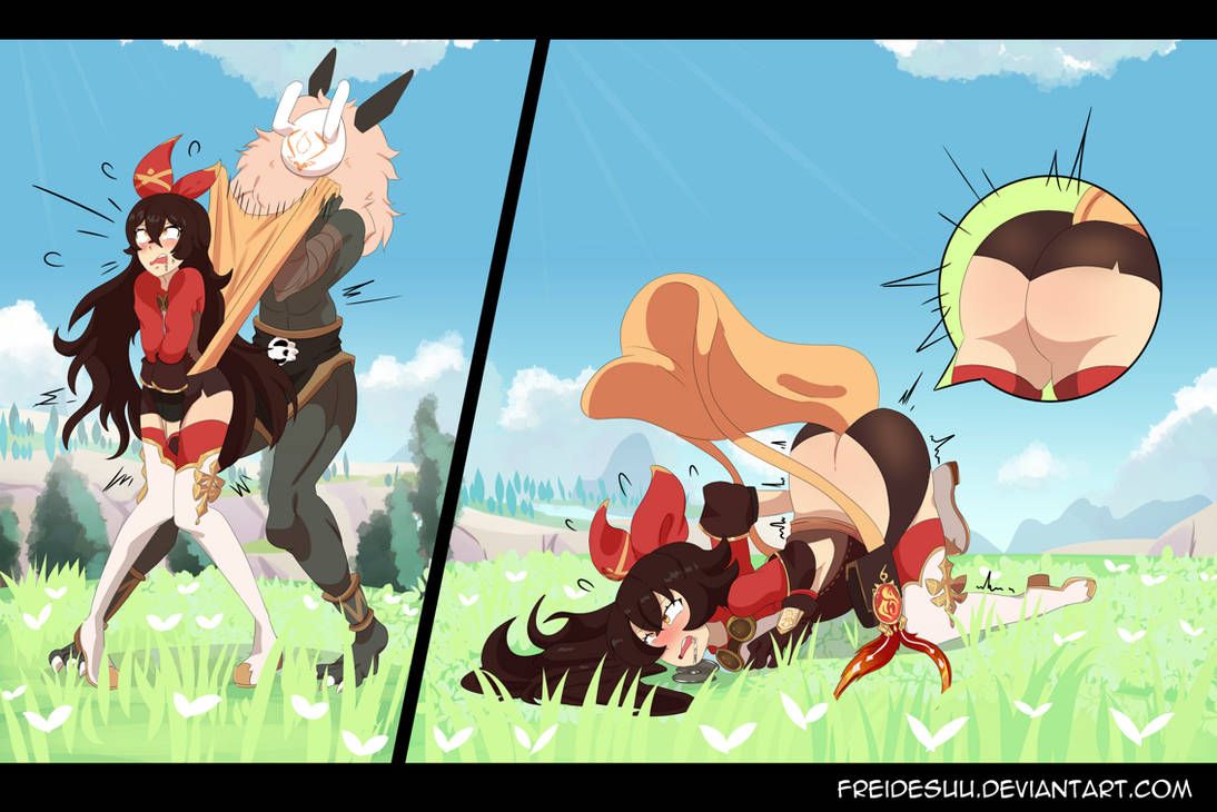 amber_(genshin_impact), hilichurls_(species), genshin_impact, freidesuu, 2_panel_comic