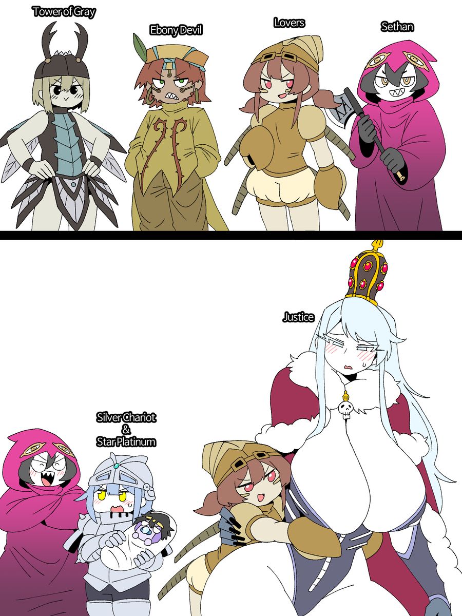 justice_(jjba), lovers_(jjba), silver_chariot, star_platinum, tower_of_grey