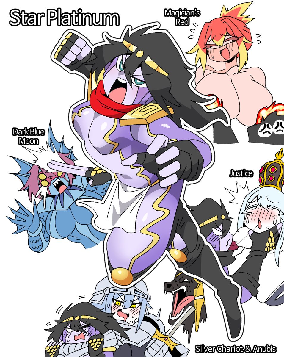 anubis_(jjba), dark_blue_moon, justice_(jjba), magician's_red, silver_chariot