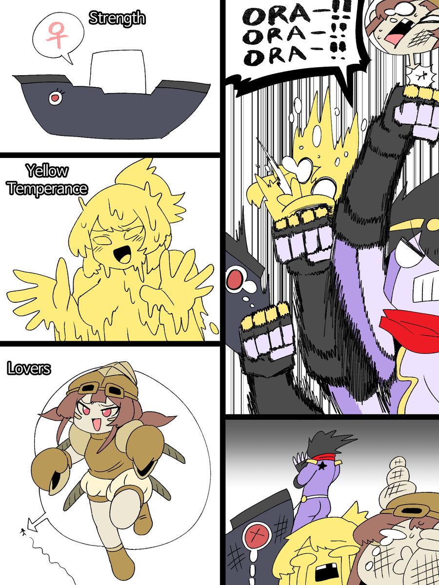 lovers_(jjba), star_platinum, strength_(jjba), yellow_temperance, jojo's_bizarre_adventure