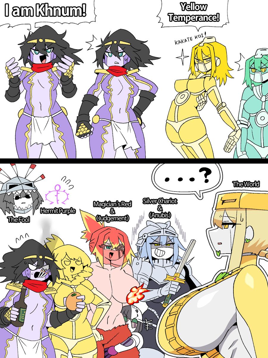 anubis_(jjba), hermit_purple, hierophant_green, judgement_(jjba), khnum