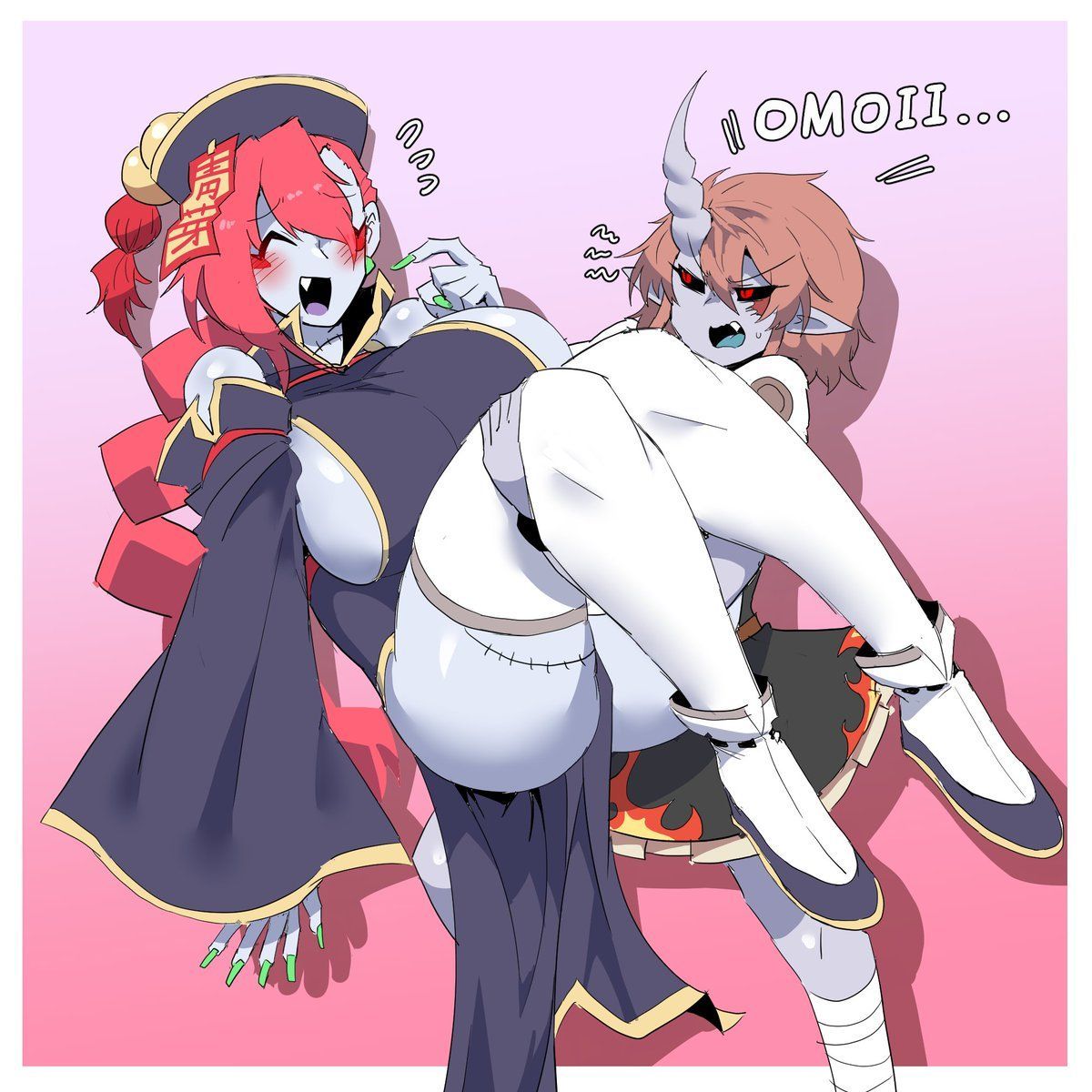 jiangshi_(mannungei), mannungei, 2girls, annoyed, bell_collar