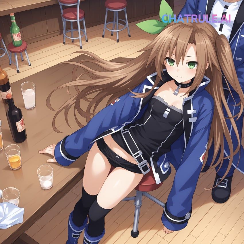 if_(neptunia), hyperdimension_neptunia, 1girl, alcohol_bottles, arms_on_table