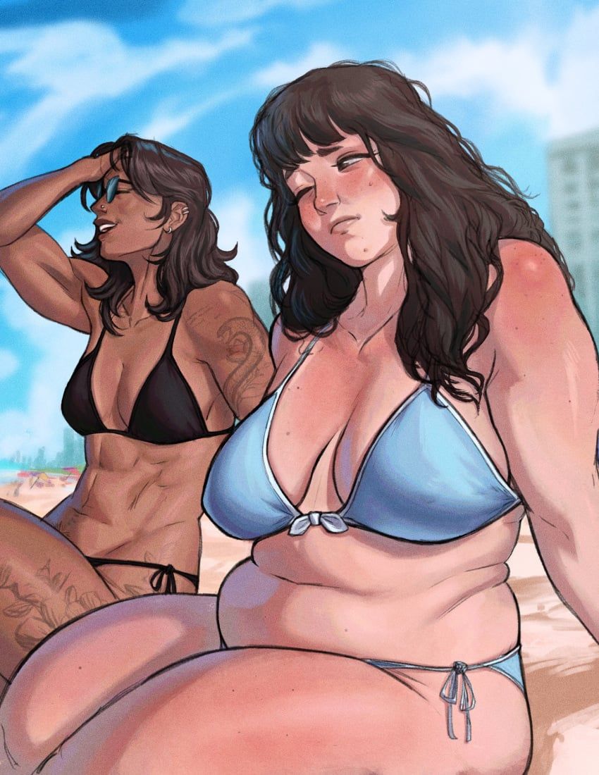 jimcheaseburger, 2girls, abs, beach, beach_background