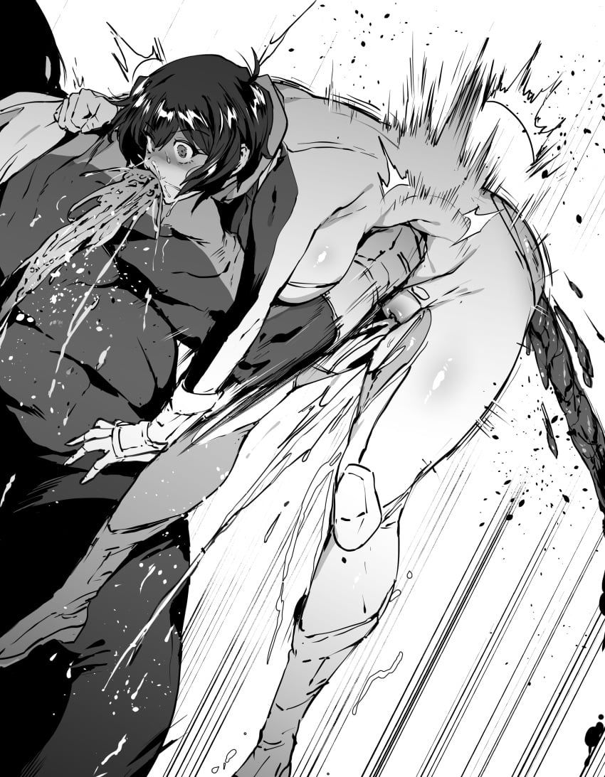 thirty_8ght, gut_punch, huge_breasts, monochrome, puke