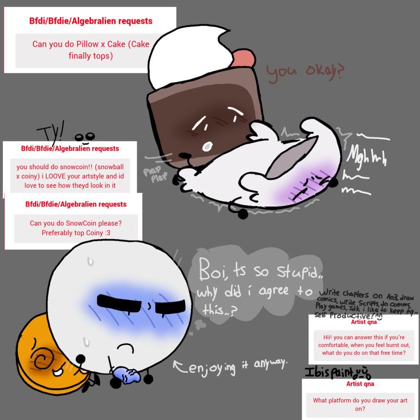 cake_(bfdi), coiny_(bfdi), pillow_(bfdi), snowball_(bfdi), battle_for_dream_island