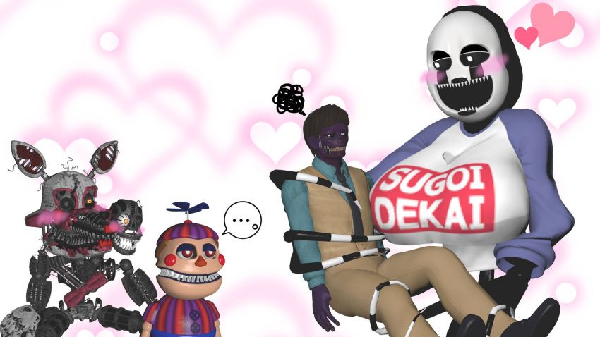 mangle_(fnaf), mangled_mangle_(fnaf), michael_afton, nightmare_balloon_boy, nightmare_mangle