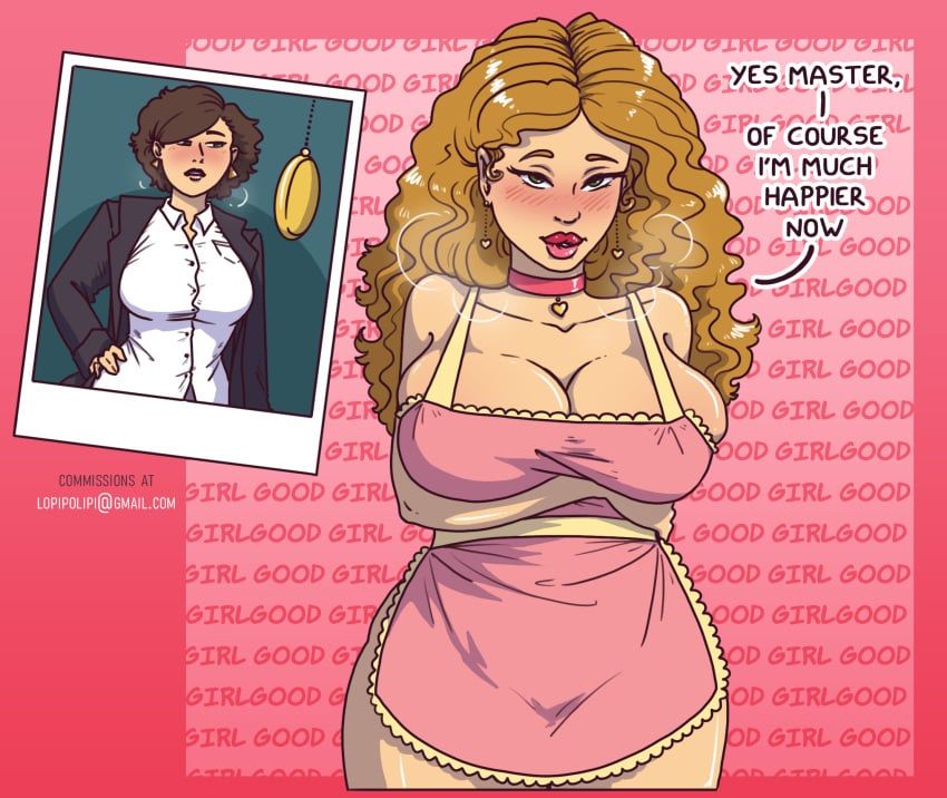 apron, apron_only, before_and_after, big_breasts, blonde_hair