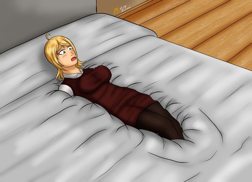 lady-of-mud, bed, big_breasts, blonde_hair, green_eyes