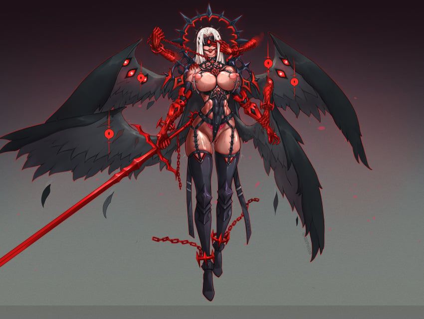 aasimar, sirpetus, big_breasts, bondage_outfit, sweating