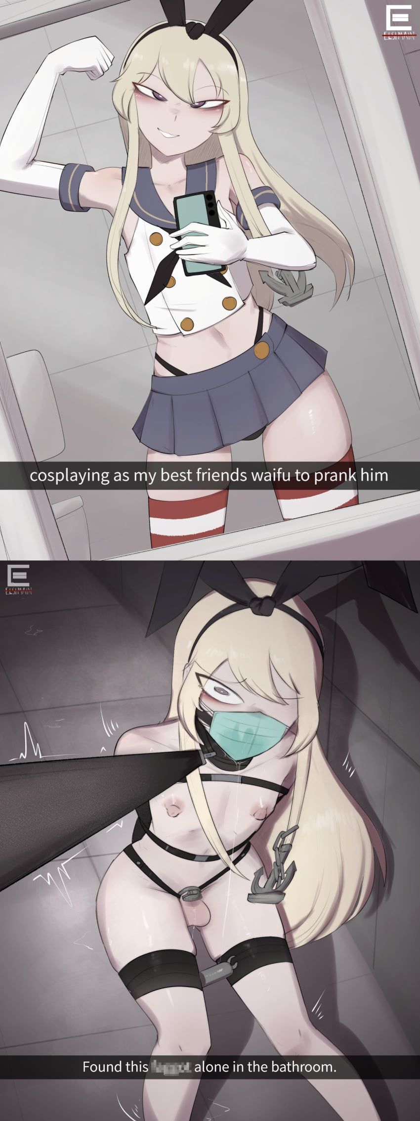 shimakaze_(kantai_collection)_(cosplay), kantai_collection, snapchat, elsimain, 1boy