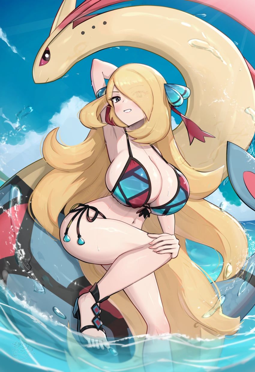 cynthia_(pokemon), cynthia_(summer_2025)_(pokemon_masters), milotic, game_freak, nintendo